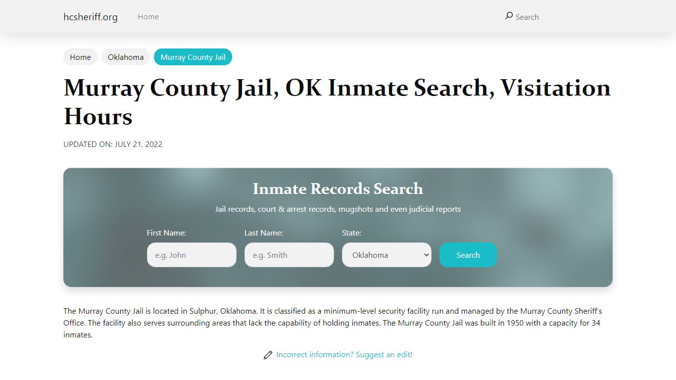 Murray County Jail, OK Inmate Search, Visitation Hours